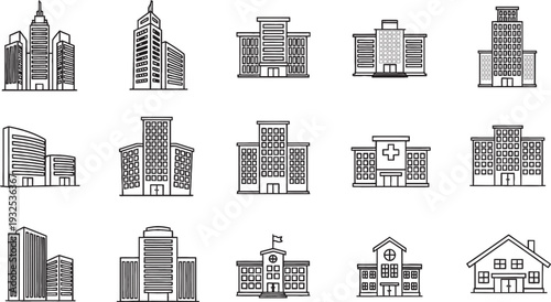 A collection of various building illustrations in black and white line art style, showcasing different architectural types.
