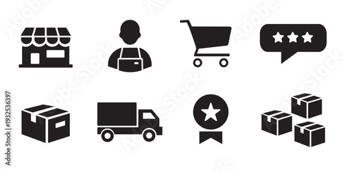 Ecommerce retail delivery icon set. Shopping cart, logistics and customer service symbols. Solid black vector glyph pack.