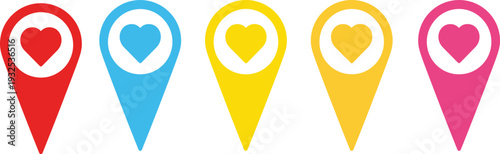 Colorful map pin icons with hearts in red blue yellow and pink isolated on white background for travel destination romance dating and favorite locations.