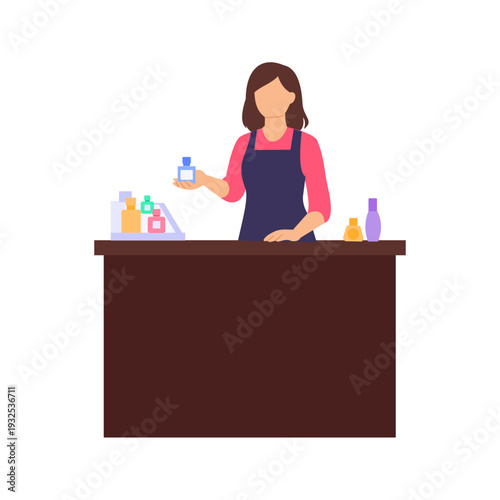 Selling Perfume Counter, Assisting customer at fragrance sales counter, Flat vector character illustration