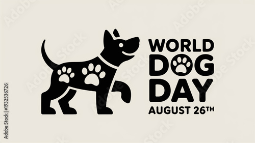 World dog day august 26th black silhouette logo with dog paw prints and text on beige background