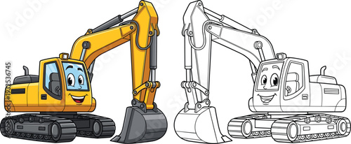 Cute yellow excavator cartoon character with a smiling face alongside a black and white line art version for kids coloring book and construction education.