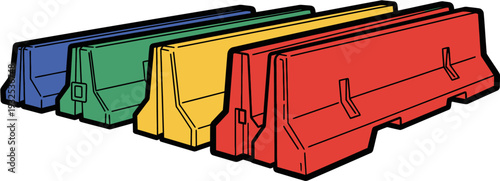 Four colorful plastic traffic barriers in blue, green, yellow, and red, arranged in a row.