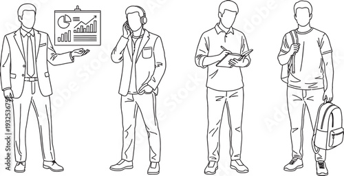 Line art illustration of four diverse men in various professional and casual roles.