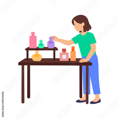 Perfume Bottle Display, Arranging fragrance bottles attractively on shelf, Flat vector character illustration