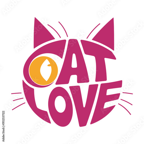 Cat love typography design shaped like feline face playful kitten eyes whiskers