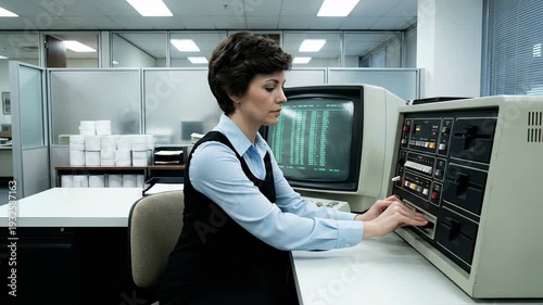 Businesswoman in a retro office from the 1980s inserting an 8 inch floppy disk into an old computer to load data, representing obsolete technology and the early days of computing