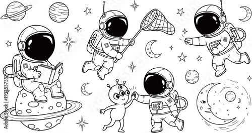 Collection of cute cartoon astronauts in space with planets, stars, and an alien, perfect for coloring book pages or children's activities.