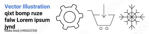 Technology, shopping, winter, design elements, interface, concepts. Minimalist icons a gear, shopping cart and snowflake. Technology and shopping with clean modern visuals