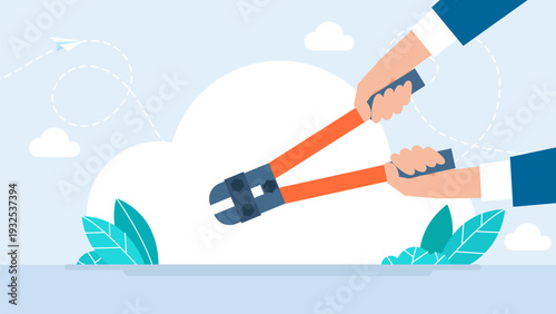 Close up of hands holding big orange bolt cutter tool to break lock or chain. Concept of freedom, solving difficult problems, security breach, and professional industrial work. Vector illustration.