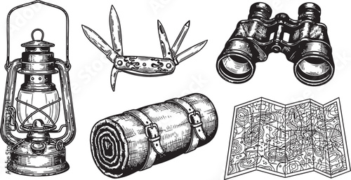 Vintage hand-drawn illustration of essential camping and outdoor adventure gear including a lantern, multi-tool, binoculars, sleeping bag, and map.