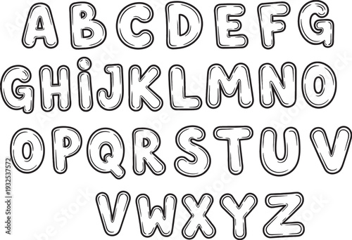 Black and white hand-drawn bubble letters of the English alphabet from A to Z.
