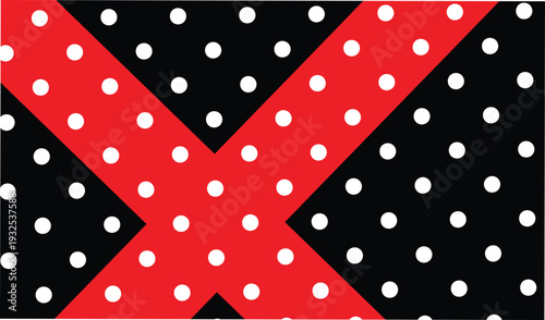 Bold graphic design featuring red polka dot x-shape on contrasting black polka dot background, creating a striking visual impact