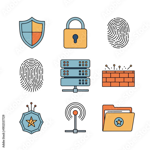 Collection of flat design security icons representing various cybersecurity measures and digital protection concepts