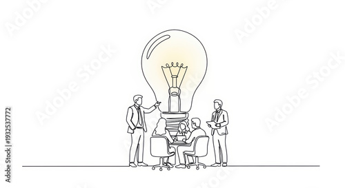 Team Brainstorming Around Giant Light Bulb Idea Concept