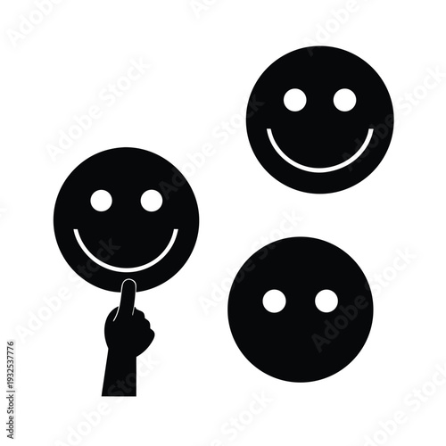 Hand pointing happy face emoji for positive customer satisfaction survey feedback
