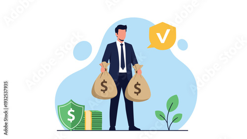 Successful businessman holding two heavy bags of money with a green dollar shield and a yellow checkmark representing financial security.