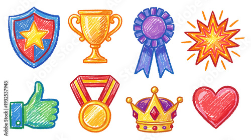 Collection of award badges and celebration icons. Vector Illustrations. EPS Editable