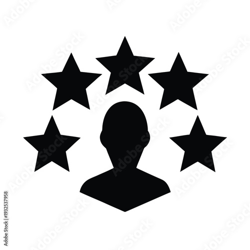 Person silhouette surrounded by five stars representing feedback service rating or star achievements
