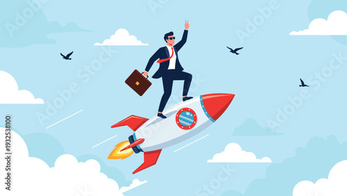 Brave businessman standing on a flying rocket soaring through the clouds and birds representing fast career growth and business success.