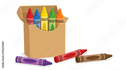 Colorful Crayons in Cardboard Box with Loose Sticks. Vector Illustrations. EPS Editable