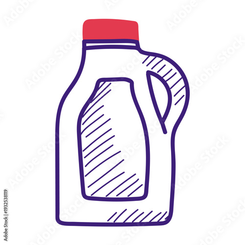 Liquid detergent doodle icon vector isolated. Hand-drawn illustration of a bottle with laundry detergent. Chemical gel for clothing.