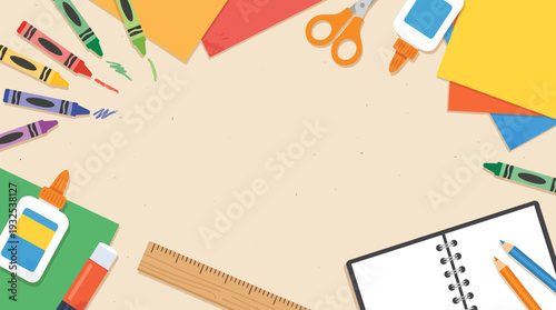 Colorful Creative Desk Flat Lay With Art Supplies. Vector Illustrations. EPS Editable