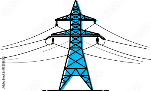 A blue and black stylized illustration of an electricity pylon with multiple power lines extending from its structure.
