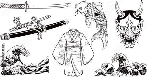Black and white line art collection of traditional Japanese cultural elements including katana, koi fish, Hannya mask, kimono, and ocean waves.