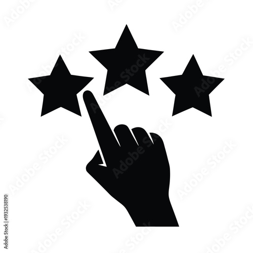 Hand finger touching three stars for customer feedback and rating process on white background