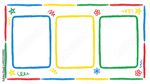 Colorful Handdrawn Triptych Frame with Playful Rectangles. Vector Illustrations. EPS Editable