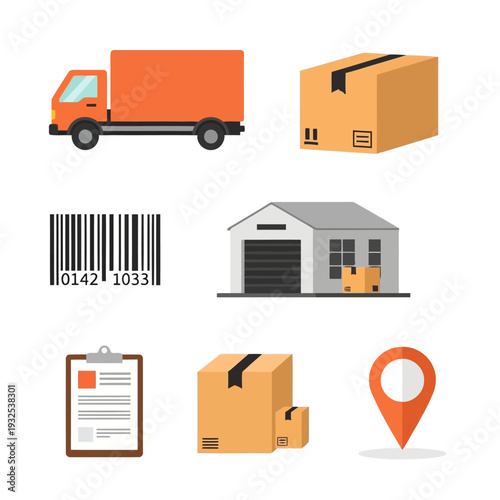 Delivery truck and packages being unloaded at a warehouse with barcode label and clipboard nearby, showing logistics and shipping process
