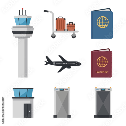 Airport Control Tower and Plane with Luggage and Passports at Travel Hub