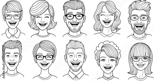 Black and white line art illustrations of ten diverse happy people smiling and laughing, showing various hairstyles and expressions.