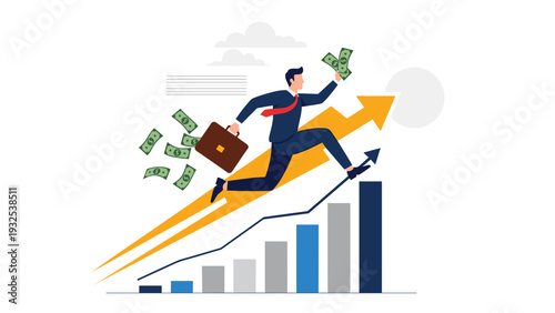 Ambitious businessman running up a rising arrow and bar chart while money falls from his hands representing high profit and financial growth.