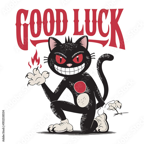 Creepy black cat kneeling saying good luck vintage style illustration