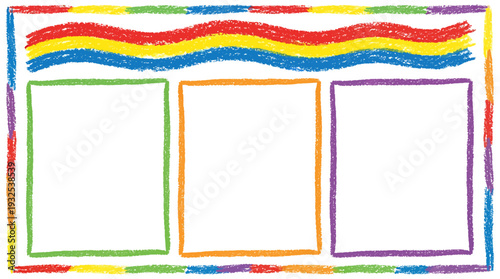 Vibrant Rainbow Framed Triptych Artwork with Colorful Borders. Vector Illustrations. EPS Editable
