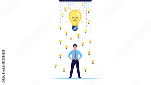 Confident businessman standing under a rain of small lightbulbs with one large glowing bulb overhead representing abundance of creative ideas.