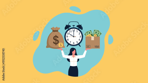 Determined businesswoman balancing a heavy money bag, an alarm clock, and a delivery box representing work-life balance and time management.