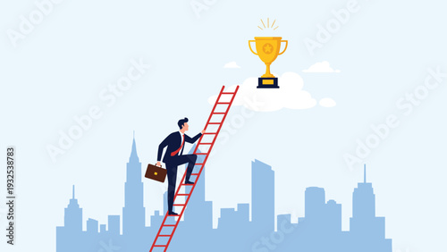 Ambitious businessman in a suit climbing a long red ladder to reach a golden trophy resting on a cloud above a blue city skyline for success.