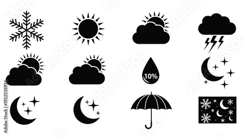 Collection of weather icons including sun, moon, clouds, rain, snow, and umbrella in a simple black silhouette style.