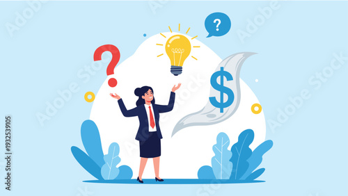 Busy businesswoman juggles a lightbulb for ideas, a dollar sign for money, and question marks for new challenges.