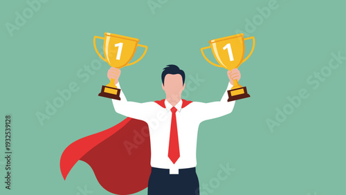 Heroic businessman wearing a red cape stands proudly while holding two gold trophies for being number one in competition.