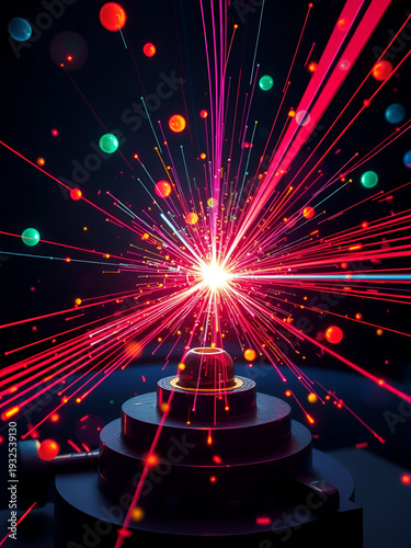 Colorful depiction of positrons and electrons interacting in a particle physics experiment producing gamma rays and energy