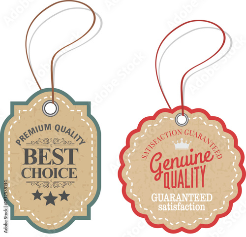 Two brown tag shapes with strings and quality labels