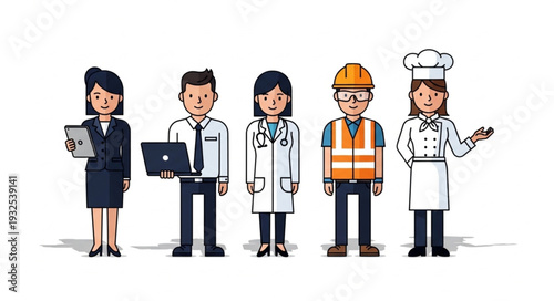 Diverse group of professionals standing together, representing various occupations and careers.