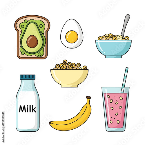 Assorted healthy breakfast foods including avocado toast, egg, oatmeal, milk, banana, and fruit smoothie are arranged neatly on a clean surface.
