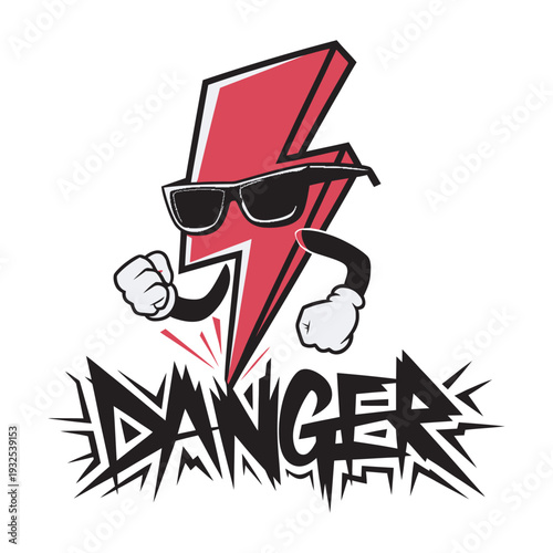 Danger text with lightning bolt mascot in sunglasses ready to strike vector