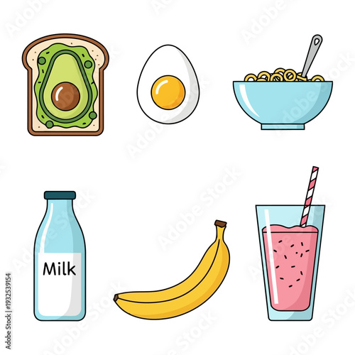Assorted breakfast foods including avocado toast, eggs, cereal, milk, banana, and smoothie displayed together on a white background from a straightforward viewpoint