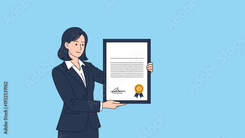 Confident businesswoman in a dark suit holds a framed certificate with a gold seal and ribbon against a blue background.